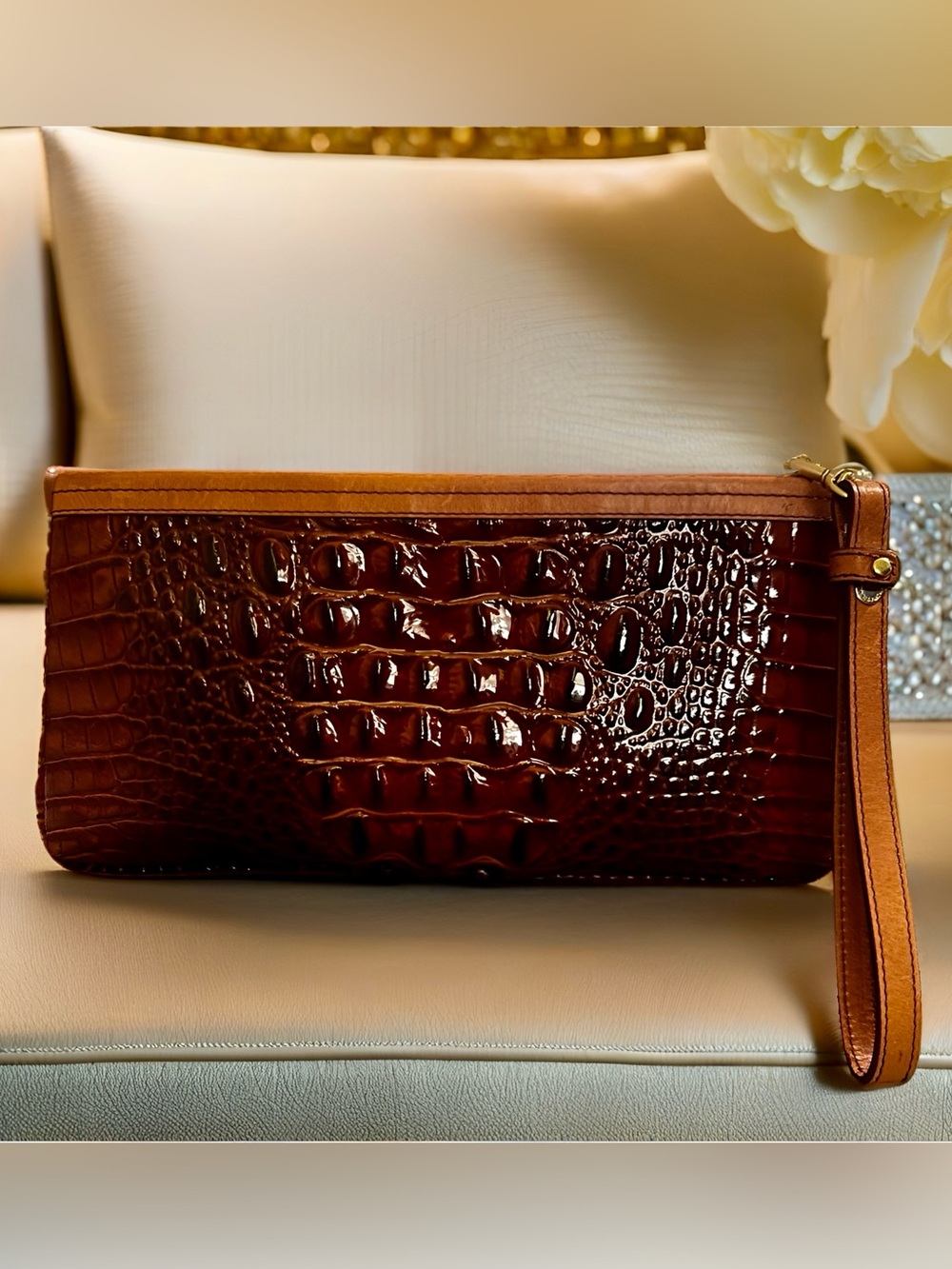 Brahmin Daisy Wristlet – Pecan Melbourne Croc Embossed Pouch w/ Removable Strap - Picture 2 of 3